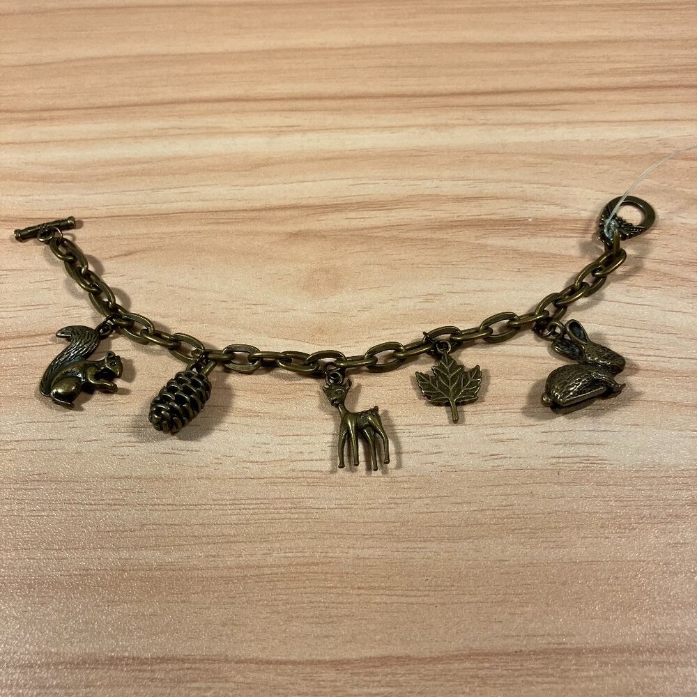 Handcrafted Antiqued Brass Woodland Charm Bracelet - 7-1/4" Long